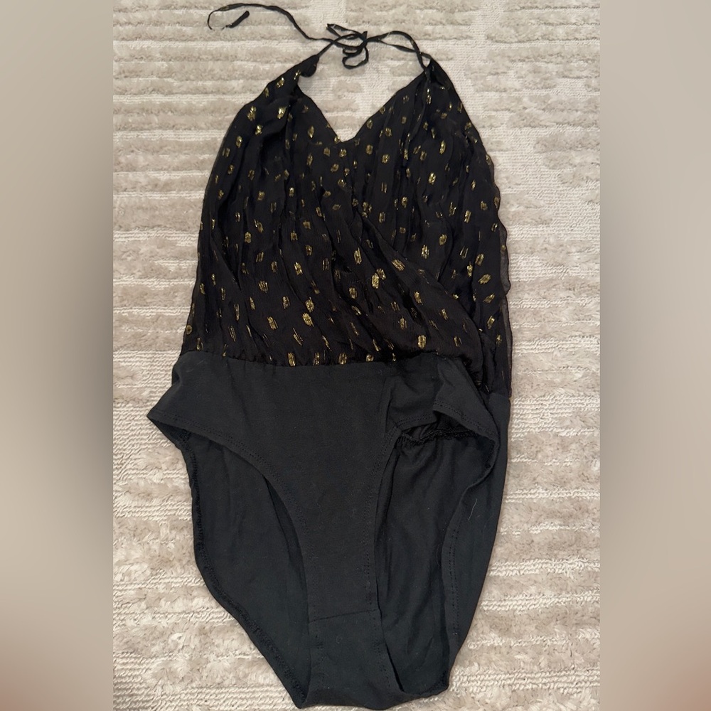 Sparkle & Fade Black Bodysuit with Gold Metallic Dots